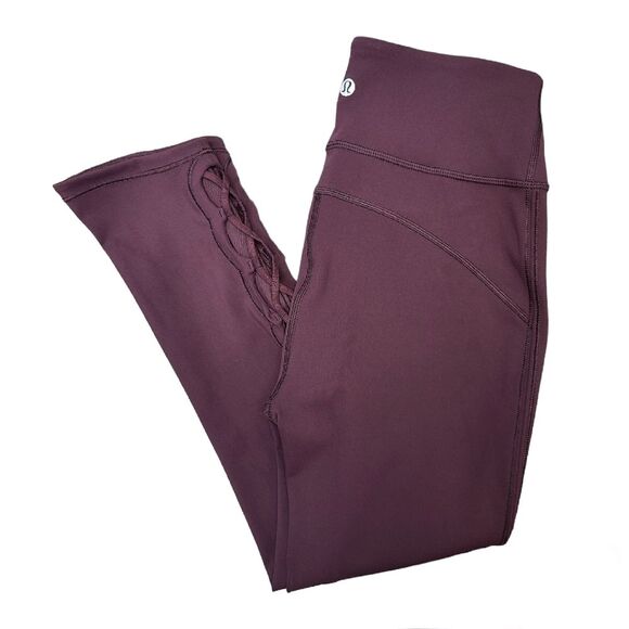 Lululemon Women's 4 Tied To It Crop Black Cherry Leggings - Picture 1 of 15